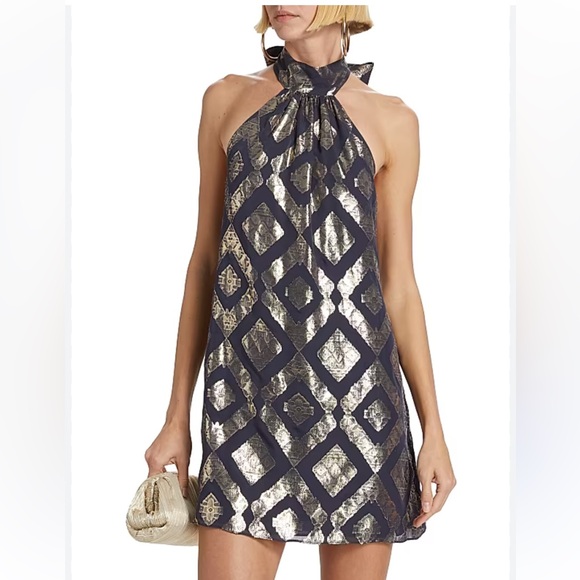 Ramy Brook Sam Geometric Minidress Navy Metallic Halter Dress 14 STYLE E11233046